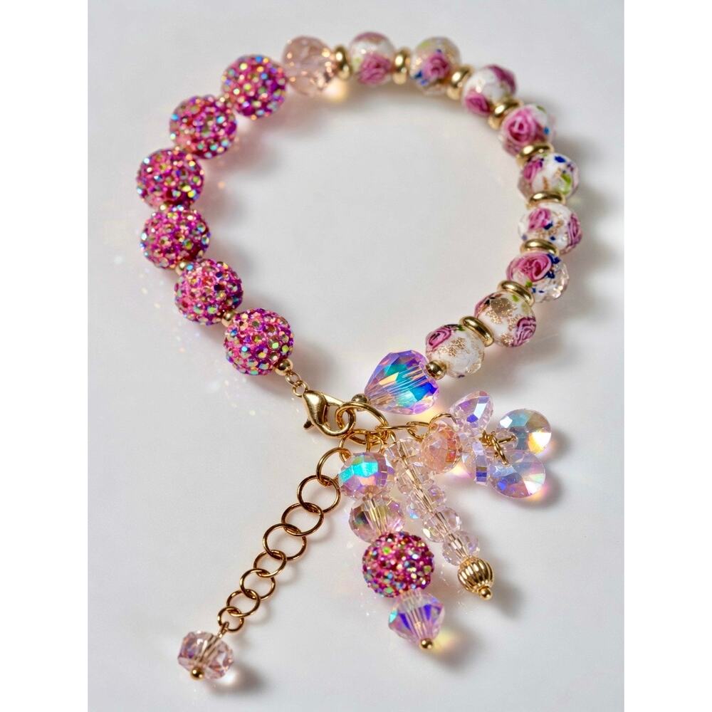 Pink Swarovski Beaded Pave Rhinestone Charm Bracelet